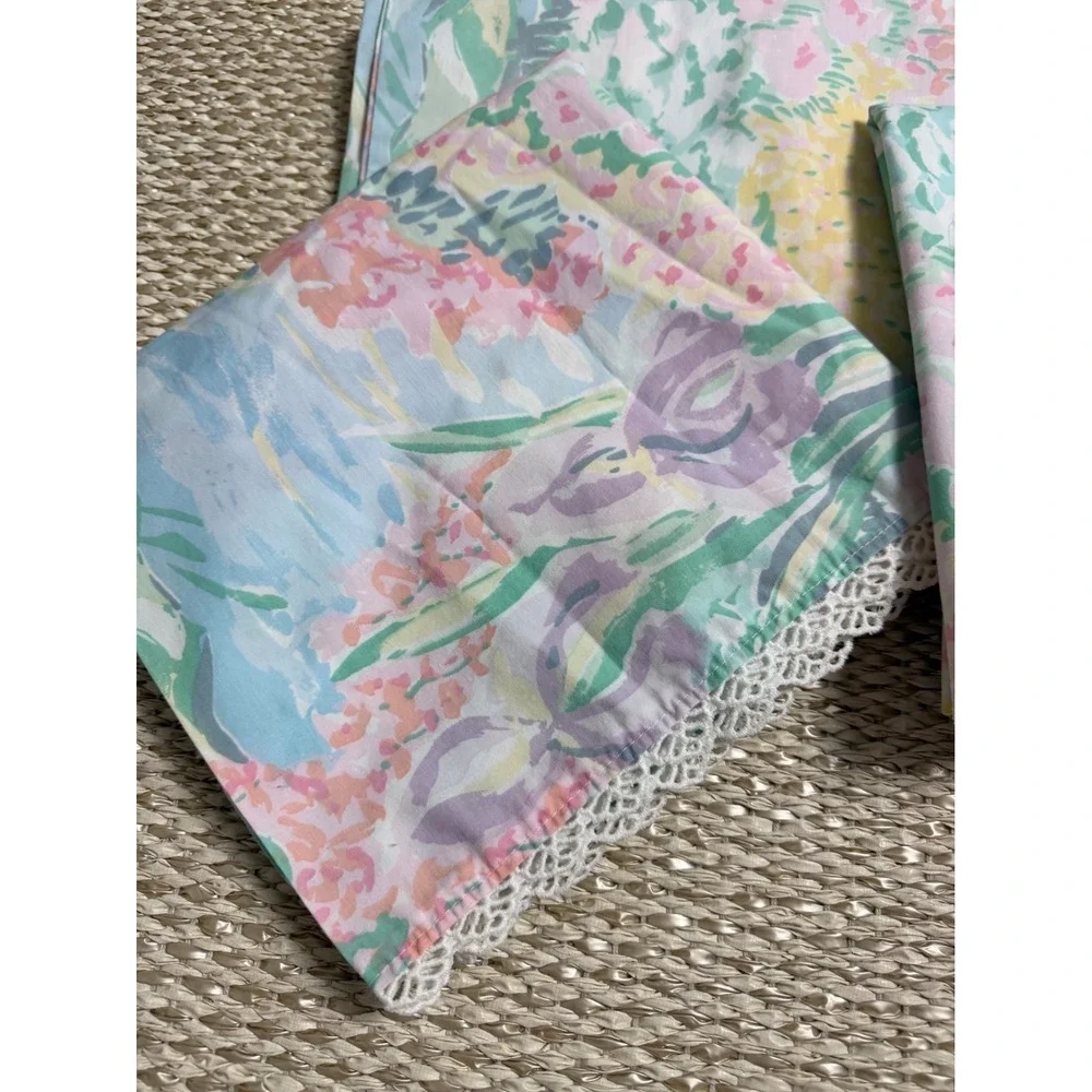 Atelier Martex King Pillowcase Set Floral Watercolor Lace Trim Vintage Monet